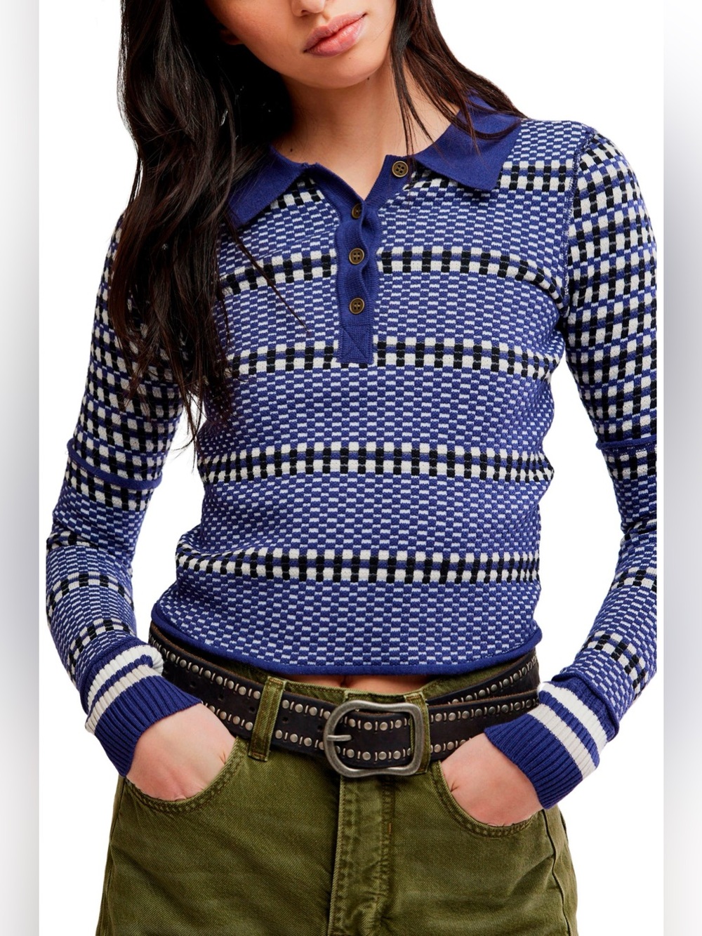 We The Free People Level Up Navy White Knit Polo Sweater Preppy Checked Size XS